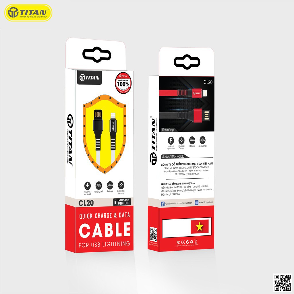 -Cáp Sạc TITAN Dây Dẹt Chân LIGHTNING dài 1m sạc nhanh - Hàng Chính Hãng