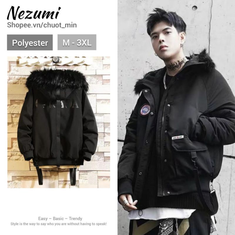 (SẴN ĐEN XL) Áo khoác phao Nam nữ trần bông cổ lông siêu ấm hiphop
