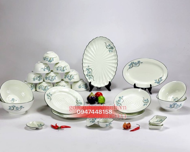 Bộ bát cơm men kem vẽ hoa sen xanh