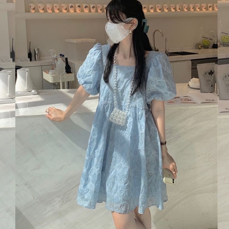 Đầm Ngắn Tay Màu Xanh Dương Phong Cách Hàn Quốc 185245 Đầm Chữ a Tay Phồng Cổ Vuông Thời Trang