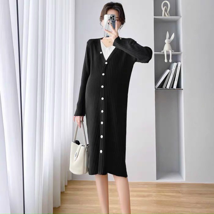 Váy len suông khuy dọc phối cổ V bầu bigsize mặc được