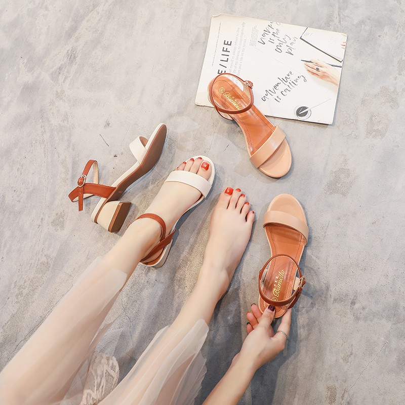 Giày sandal gót vuông 3p quai ngang hàn quốc RF