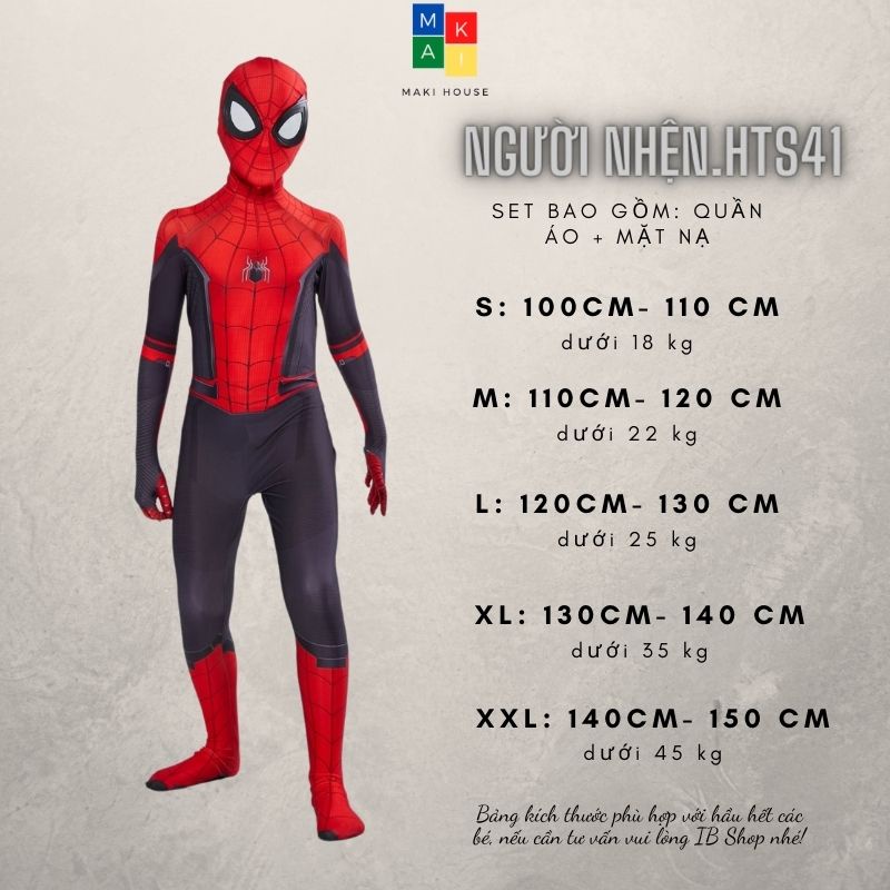 Quần áo người nhện hoá trang siêu nhân halloween trẻ em Maki SpiderMan đỏ. HTS41