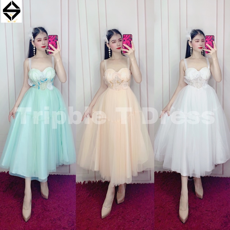 Đầm xoè công chúa 2 dây siêu xinh kết hoa nổi TRIPBLE T DRESS - size M/L - MS395V