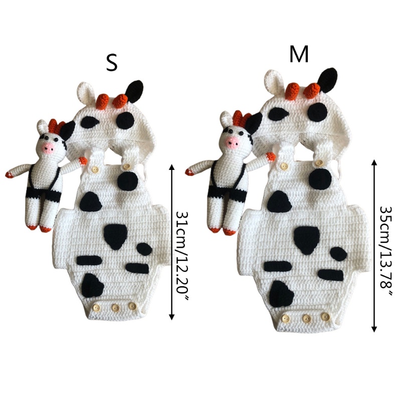 Bộ 3 Món Áo Liền Quần Dệt Kim Thủ Công Đính Nút + Mũ Beanie Hình Bò Sữa Làm Đạo Cụ Chụp Ảnh