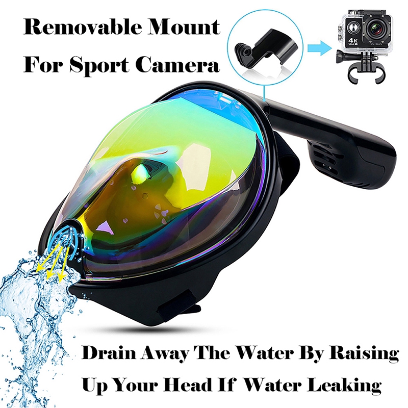 Mặt nạ thợ lặn có mặt kính toàn cảnh và ống thông hơi có thể thay thành camera hành trình