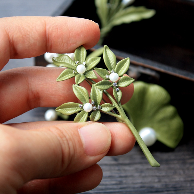 Ghim Cài Áo Hình Lá Đính Ngọc Trai Phong Cách Vintage