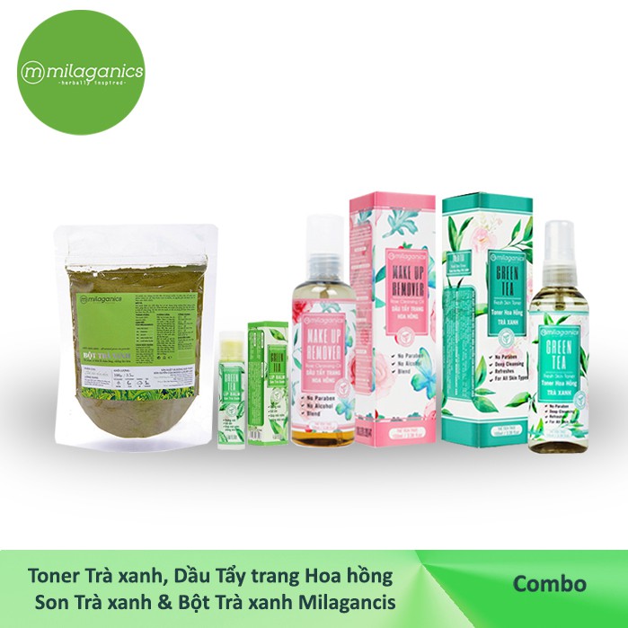 Combo Toner Trà xanh 100ml-Bột Trà xanh 100g-Son Trà xanh 4.5g-Dầu Tẩy trang 100ml Milaganics