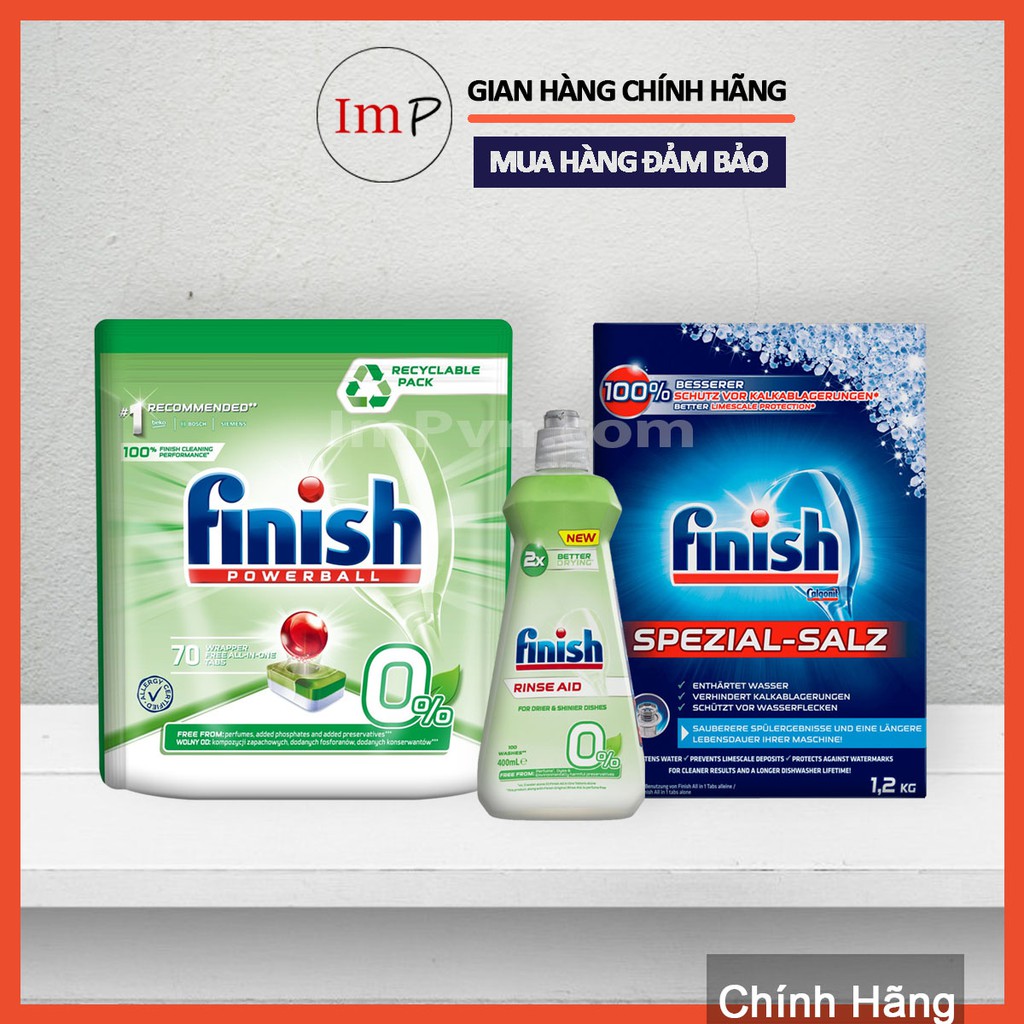 Combo Viên rửa bát Finish Eco 0%, nước làm bóng Finish Eco 0% và muối rửa bát Finish 1.2kg (Bộ viên rửa bát hữu cơ)