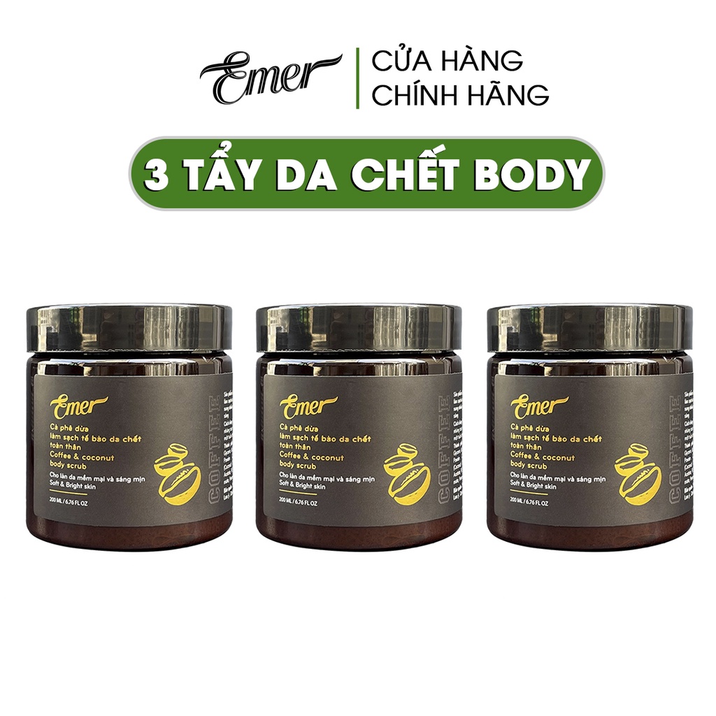Bộ 3 hộp tẩy tế bào chết body cà phê dừa Emer Garin 200ml x 3 cho da sáng mịn