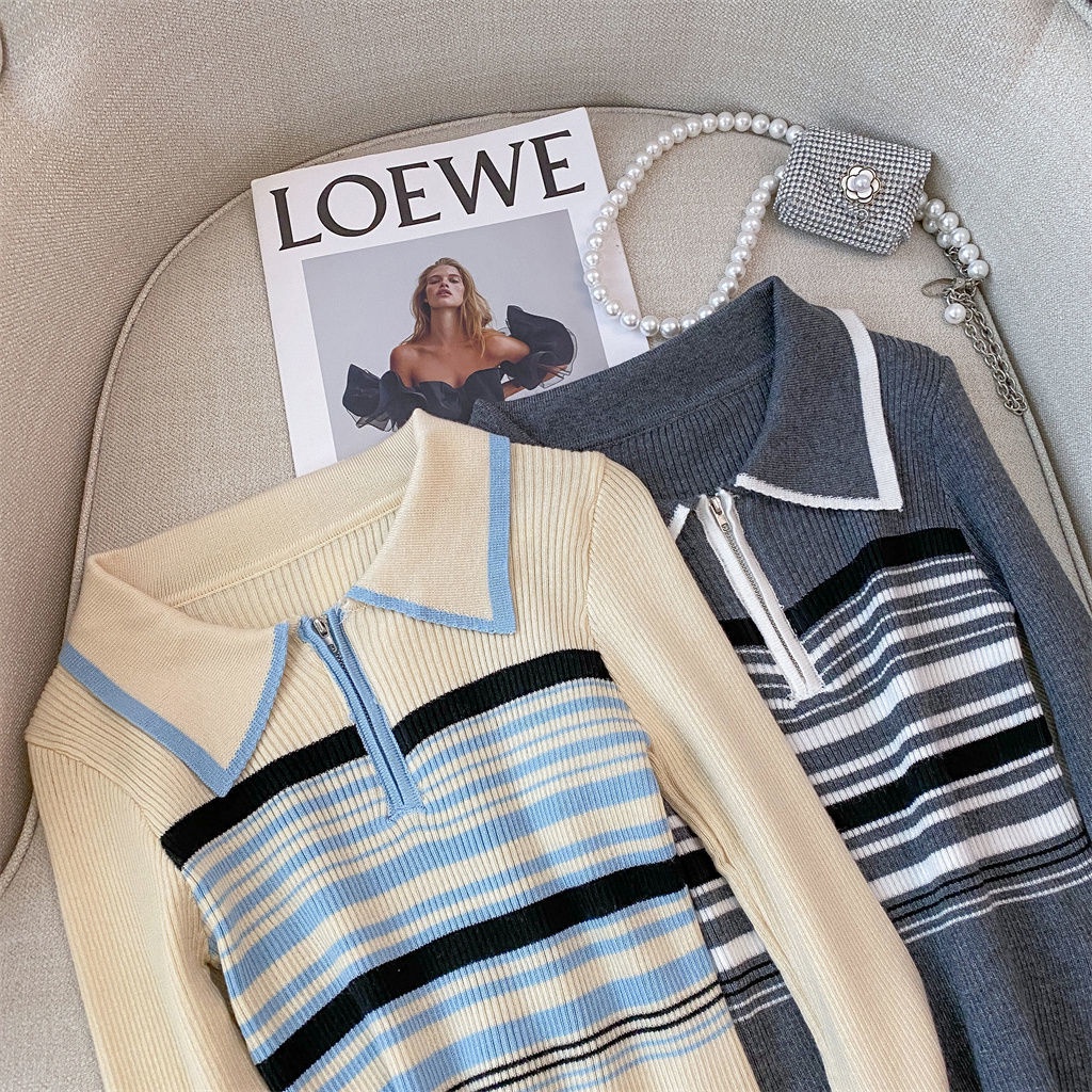 Áo polo Dệt Kim Tay Dài Dáng Ôm Kẻ Sọc Màu Sắc Tương Phản Phối Khóa Kéo Kiểu Hàn Quốc