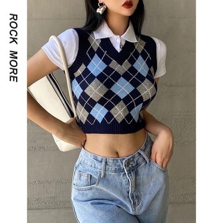 Áo gile len nữ dáng croptop họa tiết caro phong cách Ulzzang siêu xinh - 4BASIC Len03