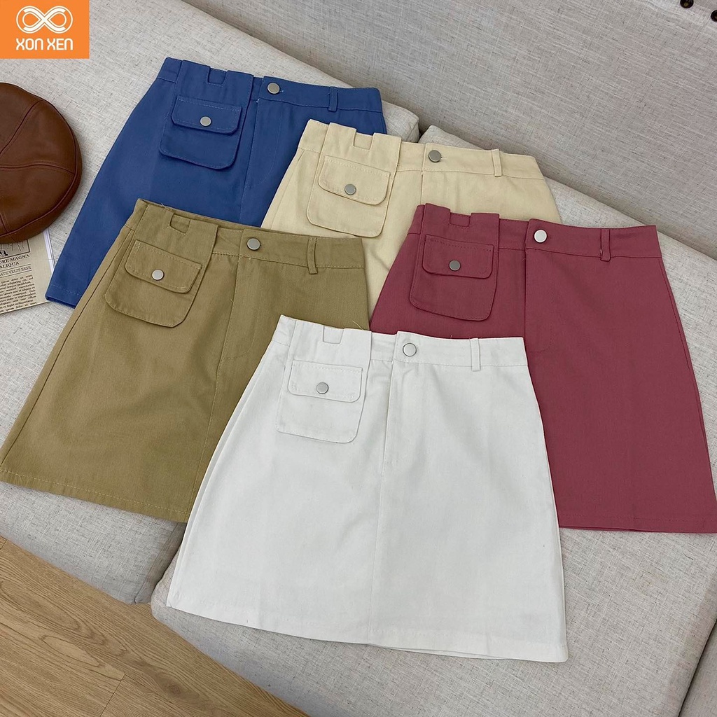 Chân váy nữ Chân váy ngắn kaki chữ A túi nắp siêu xinh Xonxen shop size S M L XL mã 6521
