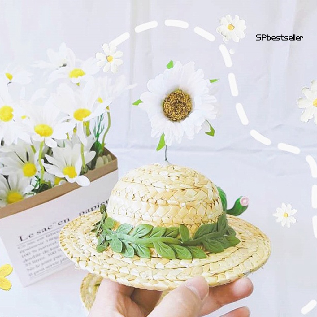 Nón rơm rộng vành đính hoa dễ thương dành cho thú cưng