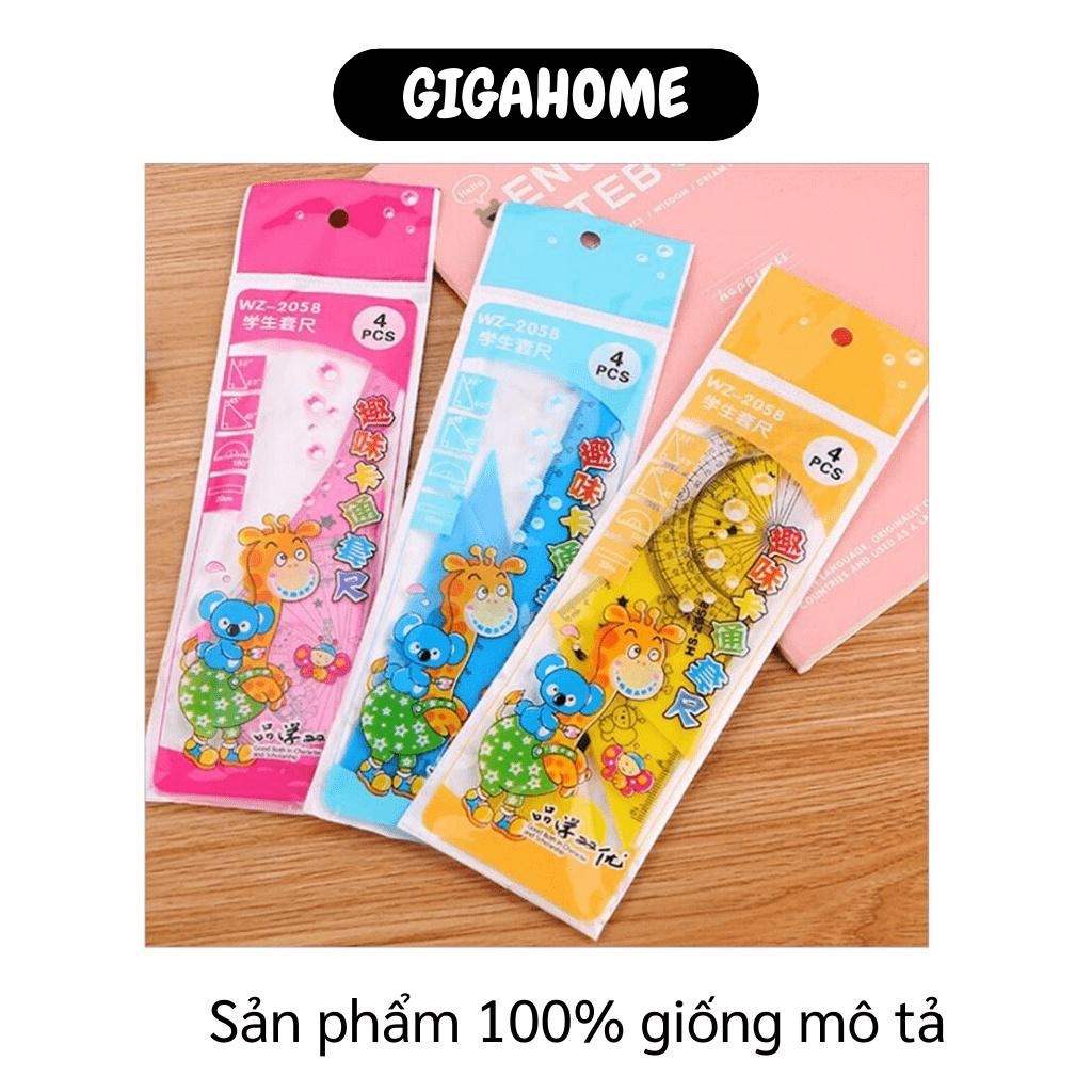 Thước Kẻ GIGAHOME Bộ 4 Cây Thước Thẳng 15cm, Eke 45 Độ, Eke 60 Độ, Đo Góc Cho Bé Học 9110