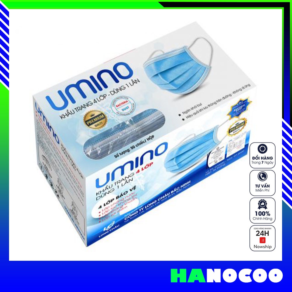 Khẩu trang y tế kháng khuẩn cao cấp 4 lớp màu trắng hộp 50 cái UMINO