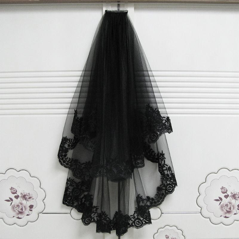 Dream 2-tier women halloween cosplay costume black mantilla wedding veil thêu fl