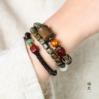 Vòng tay gỗ đàn hương tự nhiên Retro Vòng tay nhiều lớp Gỗ đàn hương xanh Vòng tay da nâu Vòng tay cặp đôi