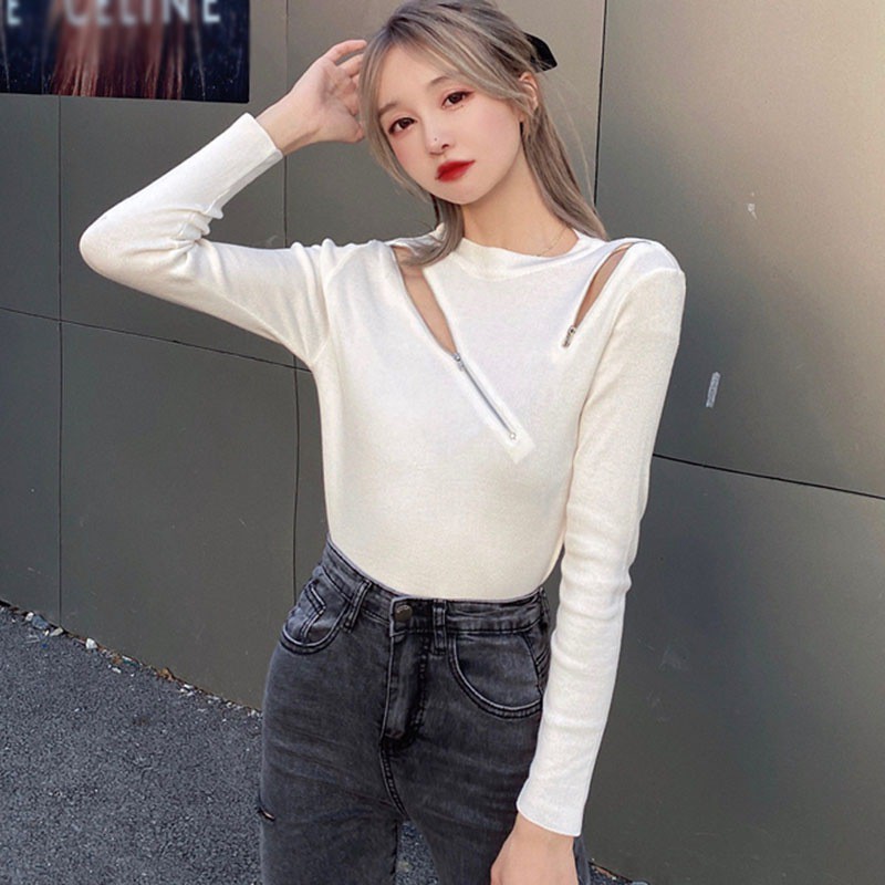 Áo Croptop Tay Dài Phối Khoá Kéo Thiết Kế Ôm Sát Tôn Dáng