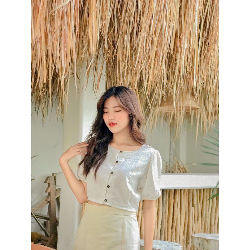 Áo kiểucroptop Nút gỗ Vintage style Hàn quốc Ulzzang Tay phồng Tay ngắn.