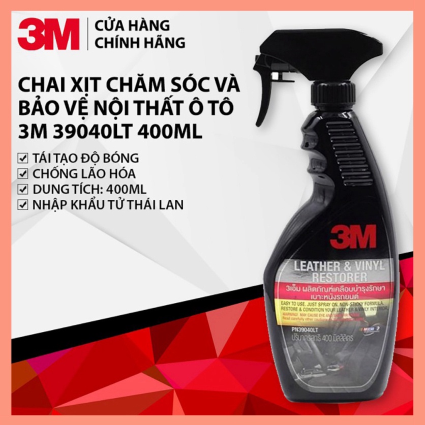 Chai Xịt Dưỡng Bóng và Bảo Vệ Nội Thất Ô Tô 3M Leather &amp; Vinyl Cleaner/Restorer 39040LT 400ml - Nhập khẩu 3M TL