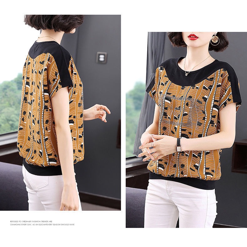 Áo thun chiffon cổ tròn tay ngắn dáng rộng thời trang mùa hè cho phụ nữ trung niên