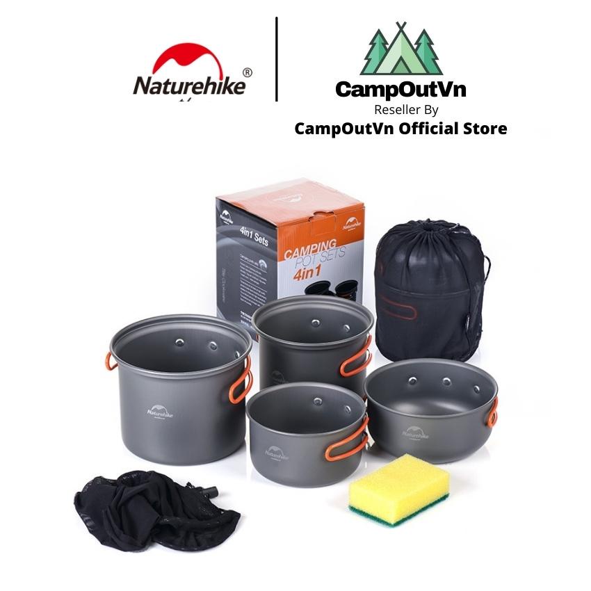 Bộ nồi dã ngoại cắm trại Naturehike mini 4 món hợp kim nhôm A431