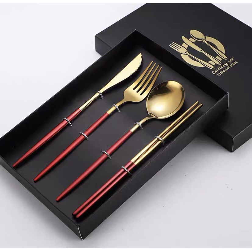 Bộ Thìa, Nĩa, Dao, Muỗng Inox Mạ Vàng Set 4 Sang chảnh
