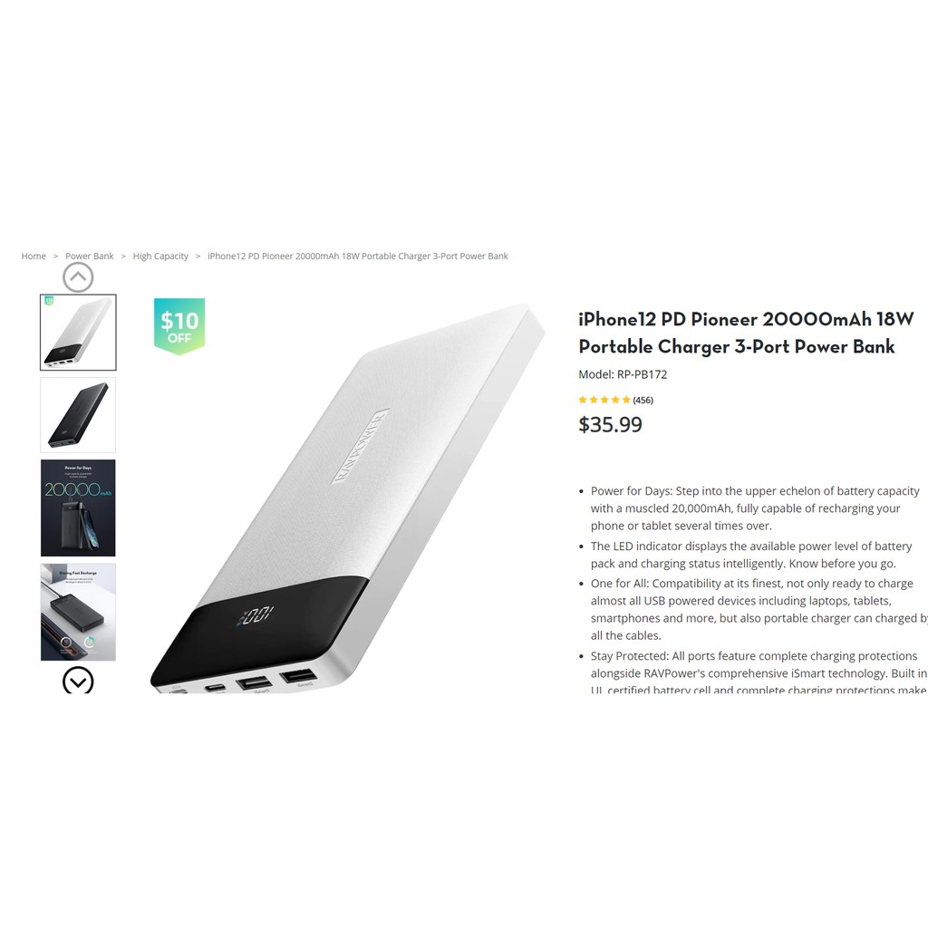 Pin sạc dự phòng RavPower 20000mAh - RP-PB172 - hỗ trợ sạc nhanh PD và QC 3.0 - bảo hành 12 tháng fullbox