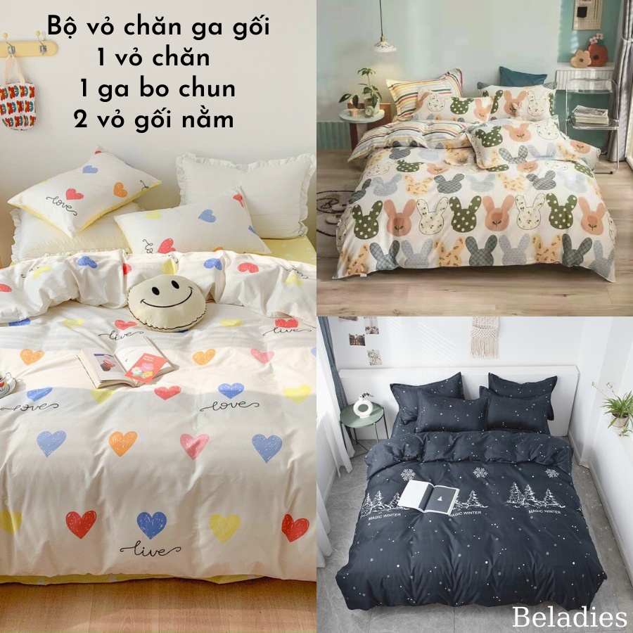 Bộ chăn ga và vỏ gối cotton poly 4 món bo chun đủ size giường nệm (vỏ chưa kèm ruột chăn, ruột gối)