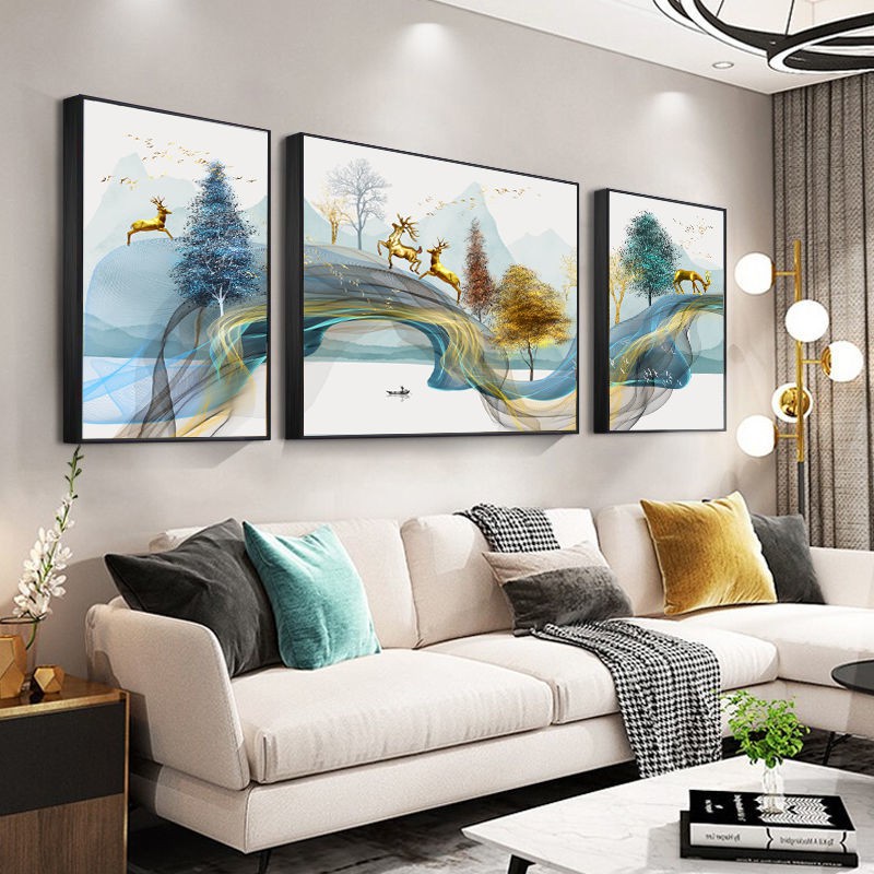 Tranh trang trí phòng khách sofa nền tường bộ ba bức phong cảnh Trung Quốc tối giản mới treo vẽ