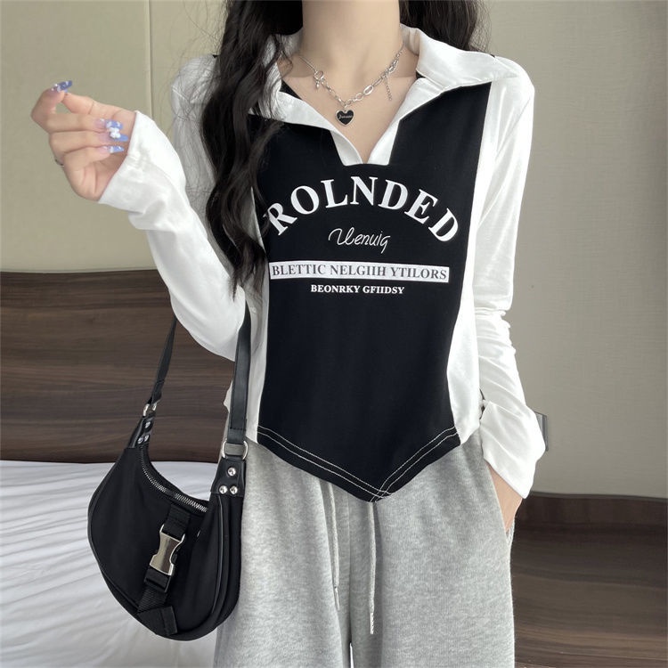 Jiashucheng Áo Thun polo Tay Dài Hở Vai Ôm Dáng Màu Sắc Tương Phản Thời Trang Thu Đông Cá Tính Cho Nữ Ir