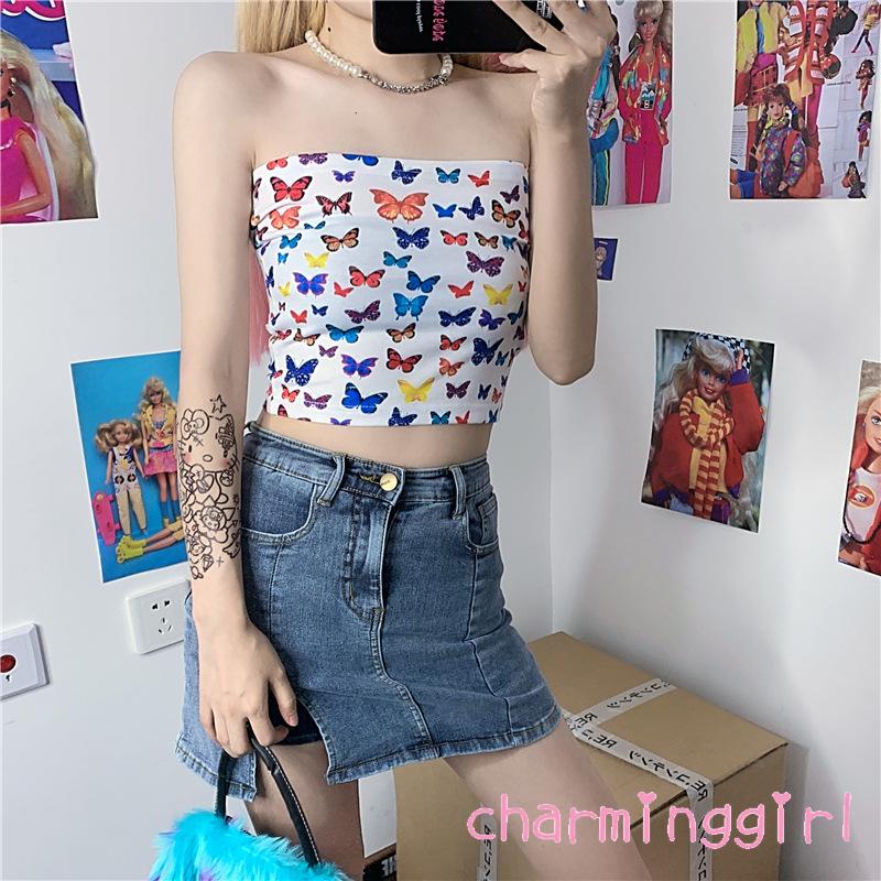 Áo Croptop Không Tay Hở Vai In Hình Bướm Thời Trang Cho Nữ