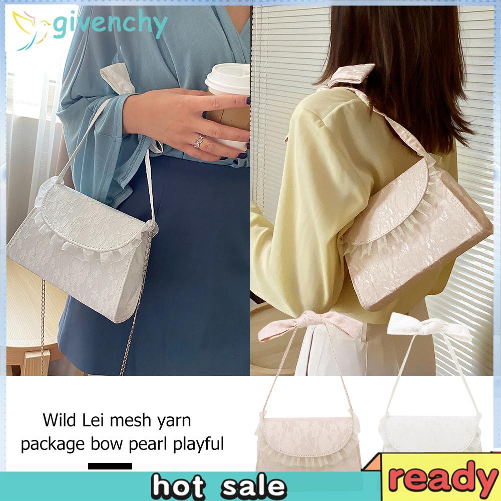 Túi đeo bằng da PU phối lưới dây xích đeo chéo và dây thắt nơ cầm tay phong cách Hàn Quốc cho nữ