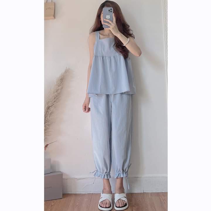 Set áo babydoll 2 dây chất đũi kèm quần dài ulzzang , Bộ quần áo nữ ba lỗ siêu xinh - Mono Boutique