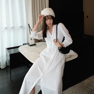 Puff sleeves v-neck waist slimming shirt dress