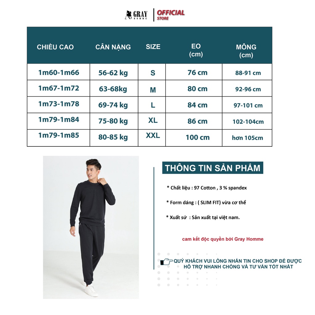 Bộ quần áo nỉ nam mặc nhà GRAYHOMME chất Cotton cao cấp, mềm mịn không bai xù, giữ ấm tốt - BN006