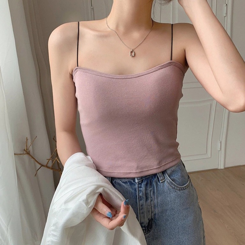Áo Croptop Hai Dây Có Mút Đệm Ngực Màu Trơn Gợi Cảm Cho Nữ