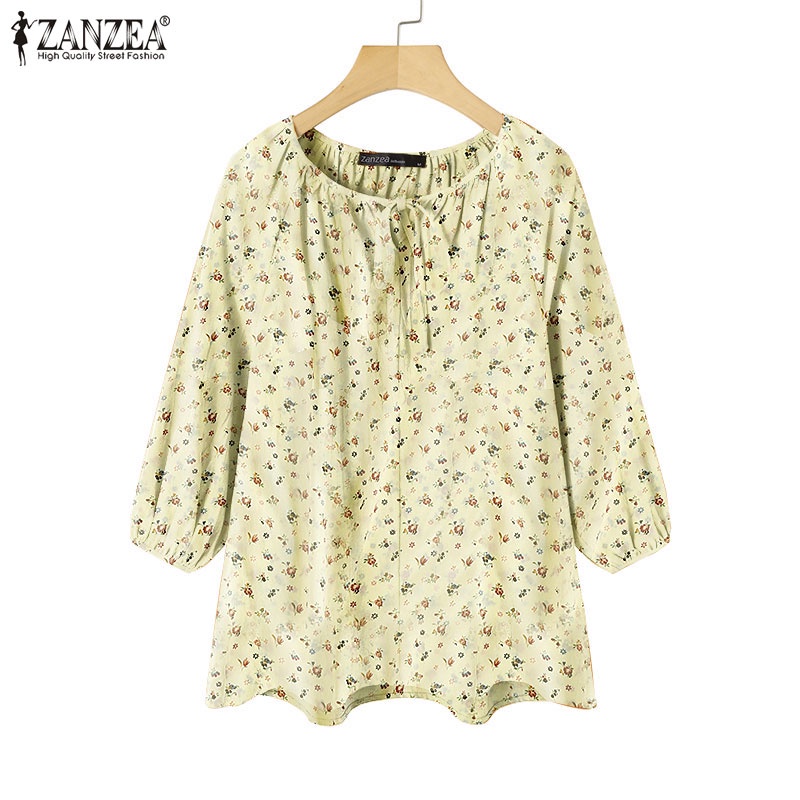 Áo kiểu ZANZEA tay lỡ 3/4 cổ thắt nơ phong cách vintage thời trang cho nữ