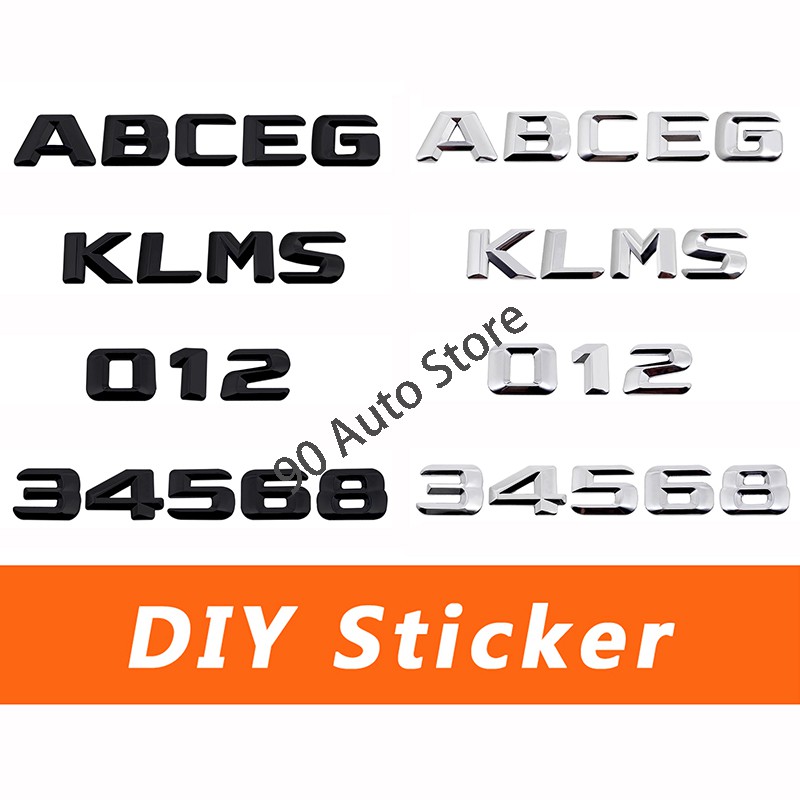 Modified Digital Alphabet Black and Silver 1 2 3 4 5 6 8 A B C E G K L M S DIY Metal Car Sticker for Mercedes Benz A200 A220 A250 A260 Auto 3D Letter Number Trunk Emblem Badge Decal Accessories