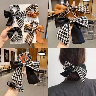 Dây buộc tóc nơ Houndstooth thời trang Hàn Quốc