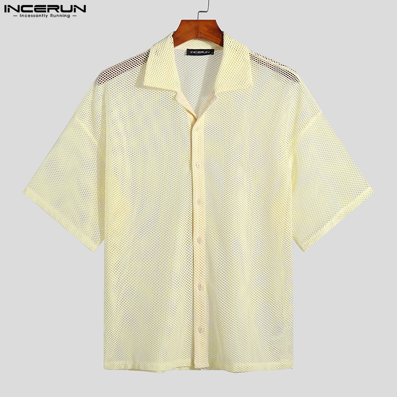 Áo sơ mi INCERUN tay ngắn cổ bẻ màu trơn tùy chọn thời trang cho nam