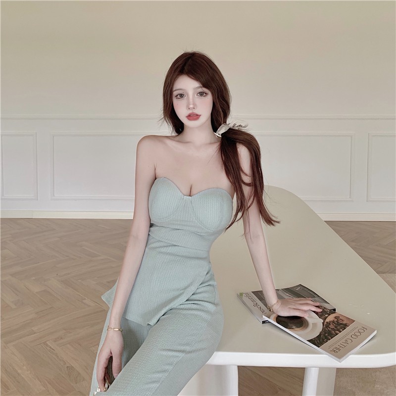 Set Áo Cúp Ngực + Quần Dài Lưng Cao Ống Loe Thời Trang Hàn Cho Nữ