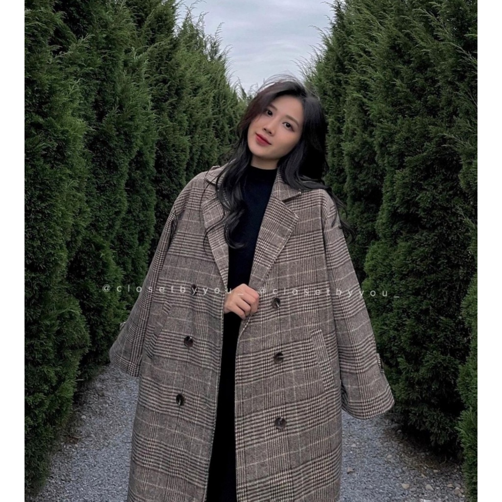 Áo măng tô nữ dạ kẻ Hàn Quốc trần bông dáng dài - EllyStore | BigBuy360 - bigbuy360.vn