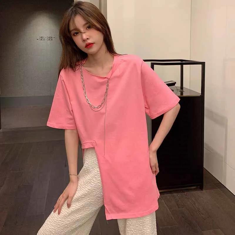 Jiashucheng Áo Thun Ngắn Tay Dáng Rộng Xẻ Tà Lệch Tà Màu Trắng Thời Trang Mùa Hè Cho Nữ