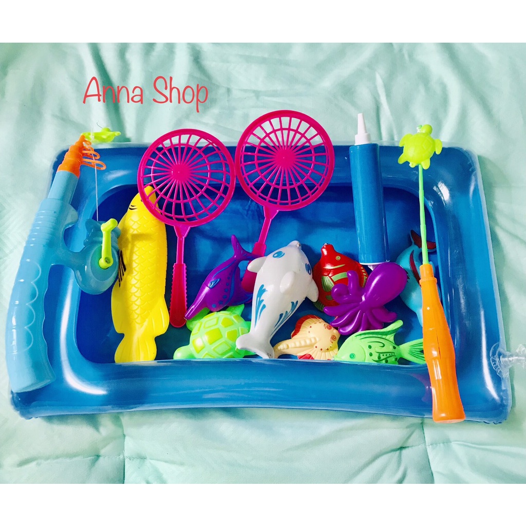 Đồ chơi Câu cá nam châm cho bé trong nước và trên cạn gồm Bể hơi cỡ lớn+Cần câu+Bơm+Cá