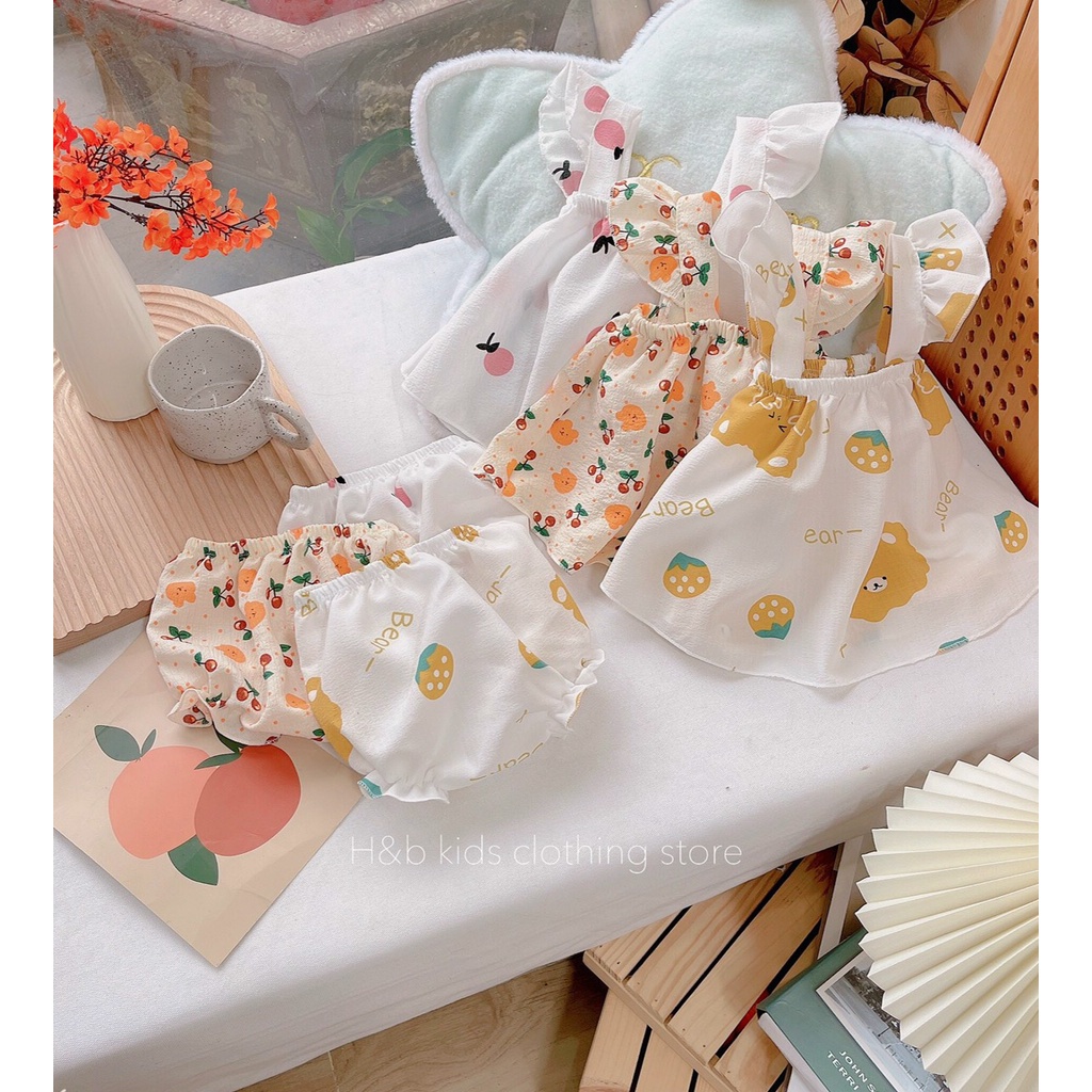 Bộ đồ hai dây cánh tiên vải đũi xốp họa tiết đáng yêu cho bé gái từ 6 – 16kg