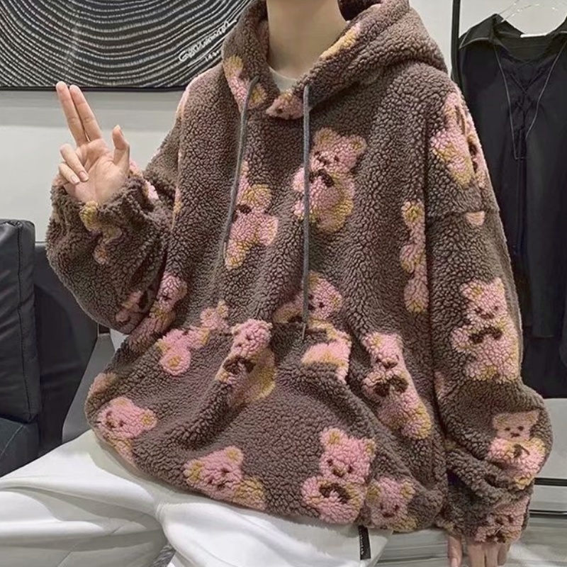 Áo Hoodie Len Lông Cừu Tay Dài Dáng Rộng In Hoạ Tiết Hoạt Hình Dành Cho Nam