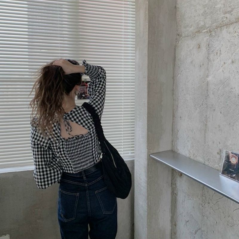 Áo Kiểu Croptop Cổ Vuông Khoét Lưng Kèm Mút Ngực D6-1 Sọc Caro LaCa, Áo Croptop Dài Tay Hoạ Tiết sọc cột nơ sau