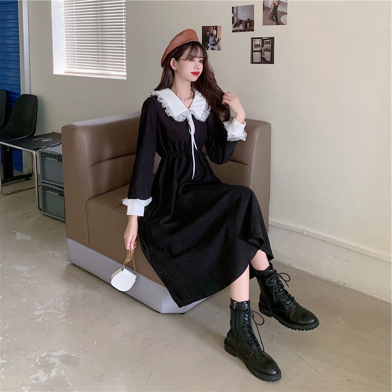 Váy Tiểu Thư Thu Đông Đen Đỏ ⚡️ẢNH THẬT⚡️ Đầm Dáng Dài Chất Dày Dặn Cực Xinh